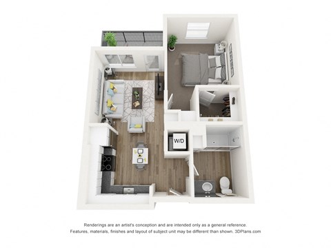 Floor plan for 1 bed, 1 bath, 605 sqft